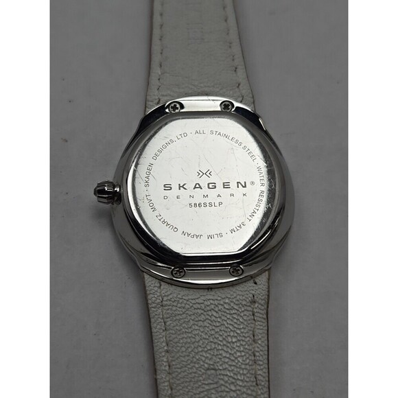 Skagen 586SSLP Womens Day Date Watch MOP Crystal Bezel Pink Leather New Battery